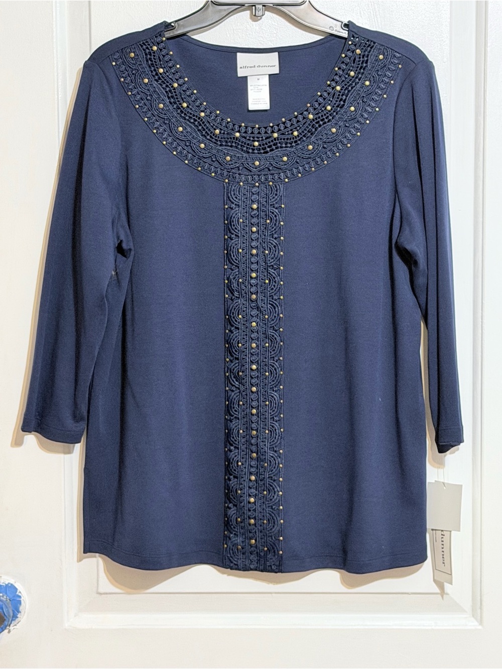 Alfred Dunner Navy Long-Sleeve Crochet & Bead Detail Top - Picture 2 of 7